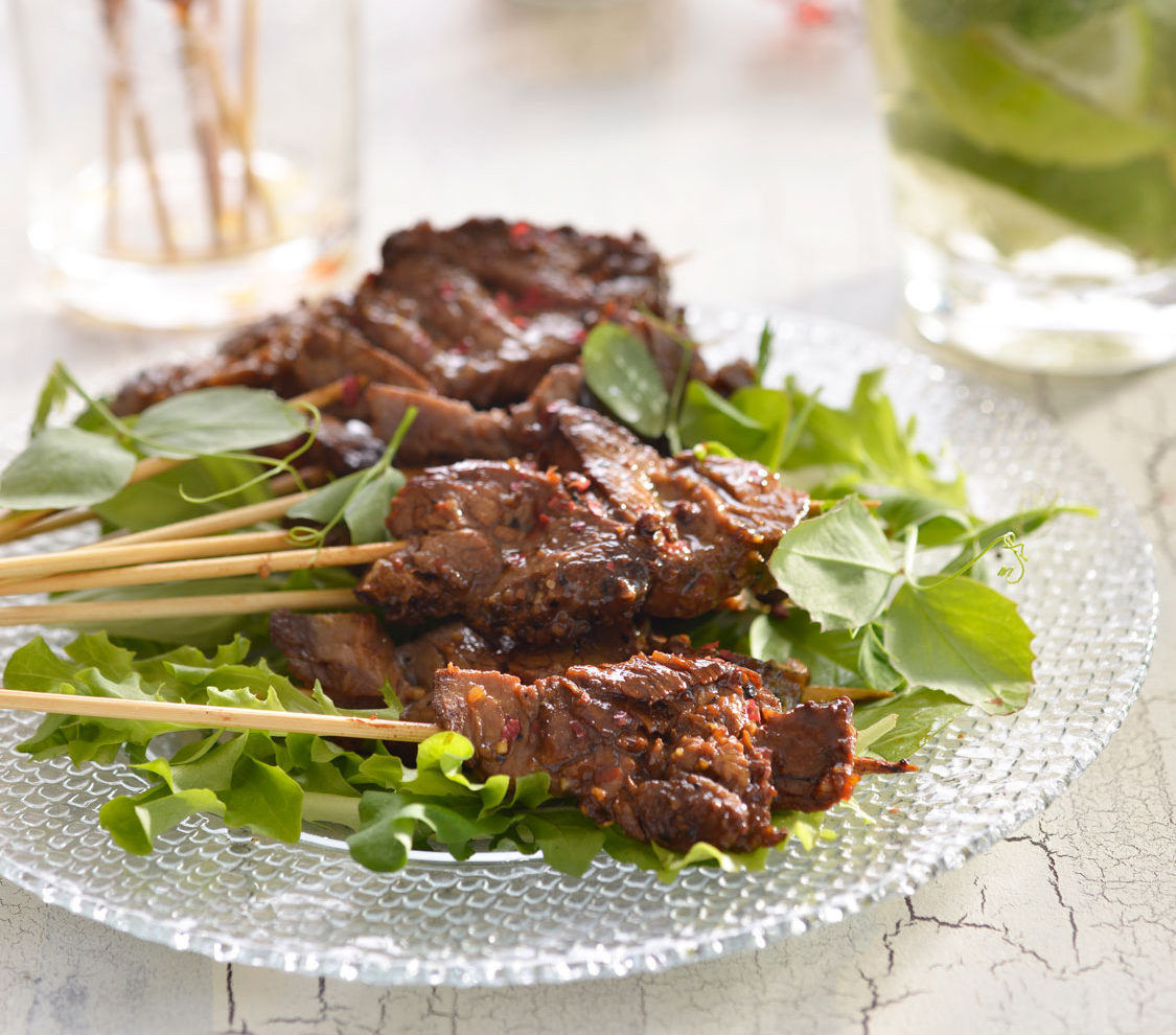 SOY-GLAZED BEEF AND CHICKEN SKEWERS