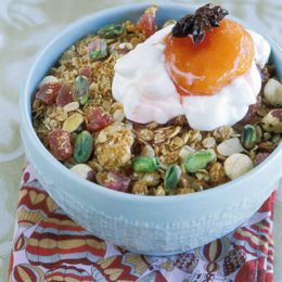 HONEY-BAKED GRANOLA WITH POACHED PLUMS