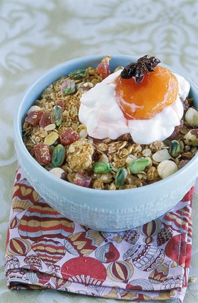 HONEY-BAKED GRANOLA WITH POACHED PLUMS