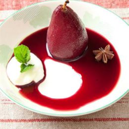 PEARS POACHED IN RED WINE