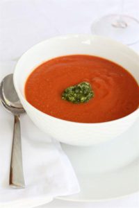 SPICY ROASTED TOMATO SOUP WITH PESTO
