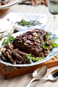 LAMB WITH HERB-OLIVE PESTO AND MUSHROOMS