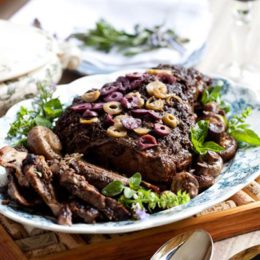 LAMB WITH HERB-OLIVE PESTO AND MUSHROOMS