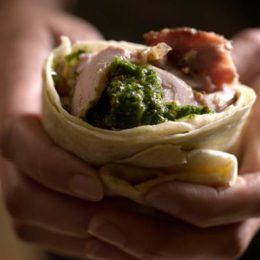 SLOW-ROASTED PORK WRAPS WITH HERB SAUCE