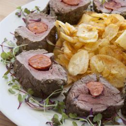 HERB-CRUSTED FILLET WITH CHORIZO AND POTATO CRISPS