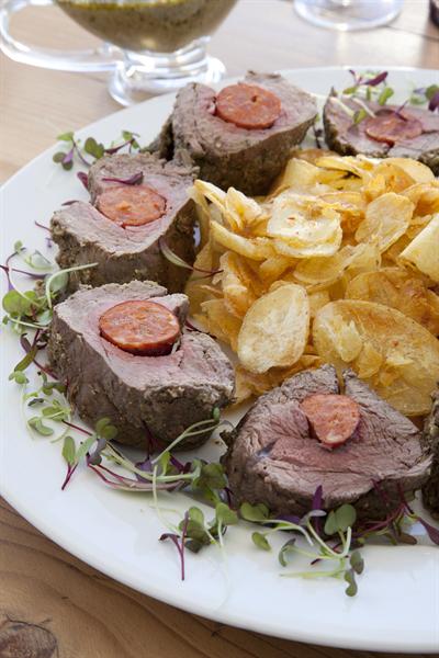 HERB-CRUSTED FILLET WITH CHORIZO AND POTATO CRISPS