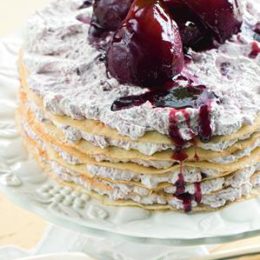 PANCAKE STACK WITH PEARS IN RED WINE