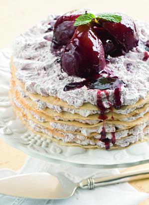 PANCAKE STACK WITH PEARS IN RED WINE