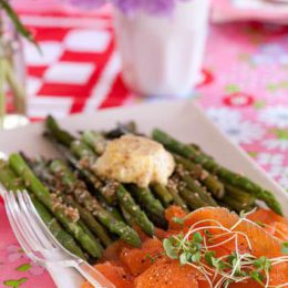 SESAME-ROASTED ASPARAGUS WITH MUSTARD BUTTER AND SALMON