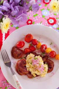 BUTTERY EGGS WITH PANCETTA AND ROASTED CHERRY TOMATOES