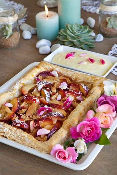 OPEN PLUM AND APPLE TART WITH GINGERY SYRUP
