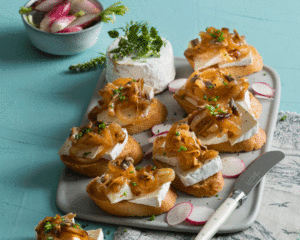 CROSTINI WITH GOAT’S CHEESE AND PISSALADIÈRE