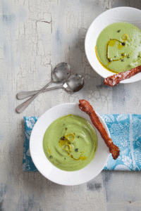 AVOCADO SOUP WITH CRISPY CANDIED BACON