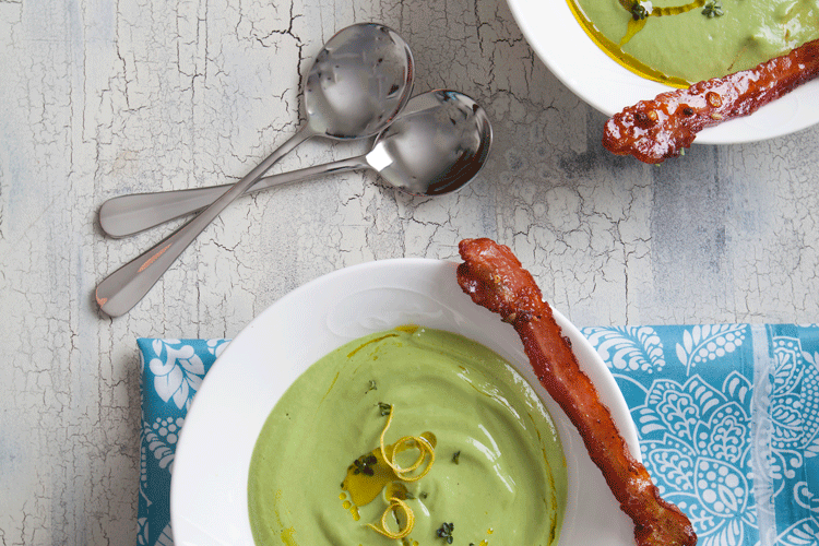 AVOCADO SOUP WITH CRISPY CANDIED BACON