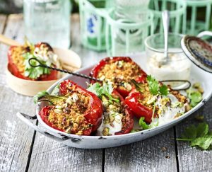 Peppers stuffed with pistachio-harissa couscous