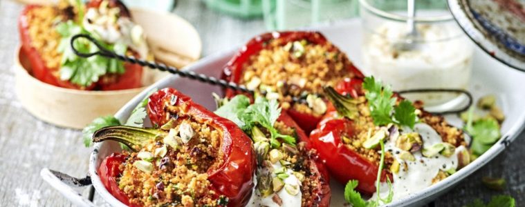 Peppers stuffed with pistachio-harissa couscous