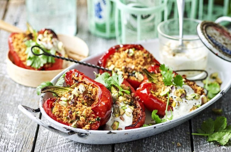 Peppers stuffed with pistachio-harissa couscous