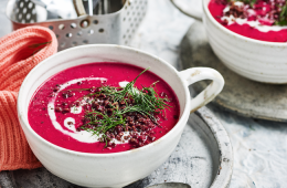 Beetroot & coconut soup with crisp ginger lentils