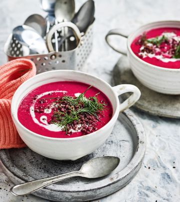 Beetroot & coconut soup with crisp ginger lentils