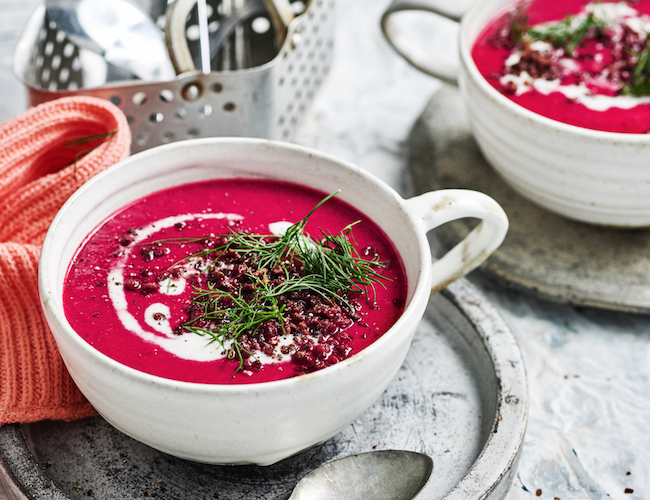 Beetroot & coconut soup with crisp ginger lentils