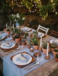 a table set with succulents as centrepieces