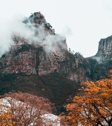 the franschhoek mountains in winter with brown trees and clouds