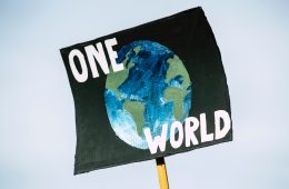 a protest placard saying one world