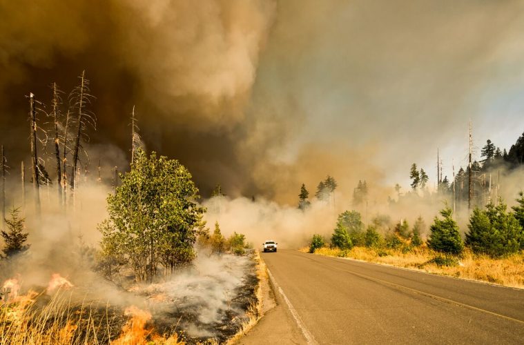 a wild fire with a car driving away from the smoke