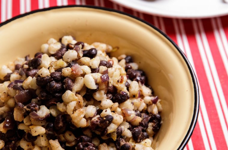 samp and beans in a bowl on a table