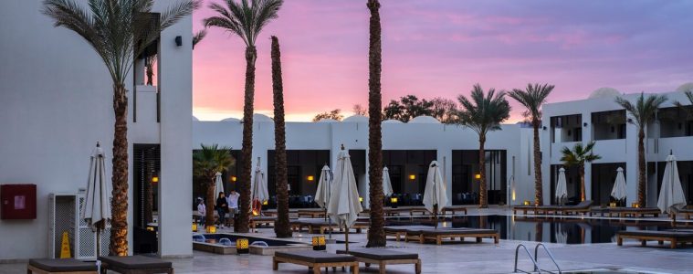 a hotel with palm trees