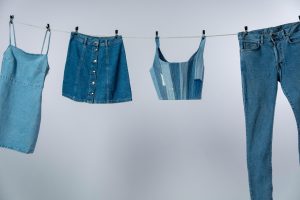 a line of denim clothes 