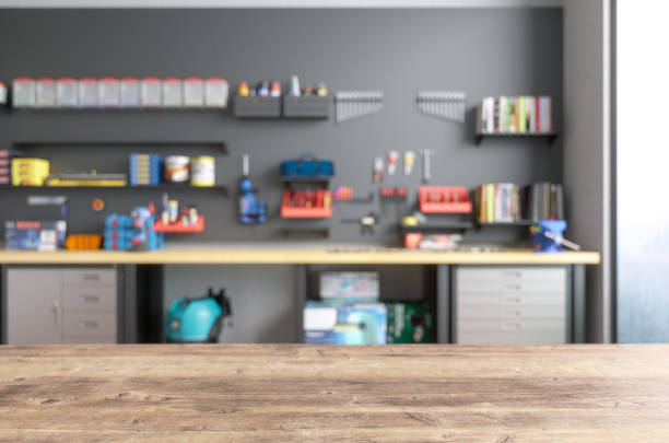 Empty Wooden Table Top With Blur Garage Interior