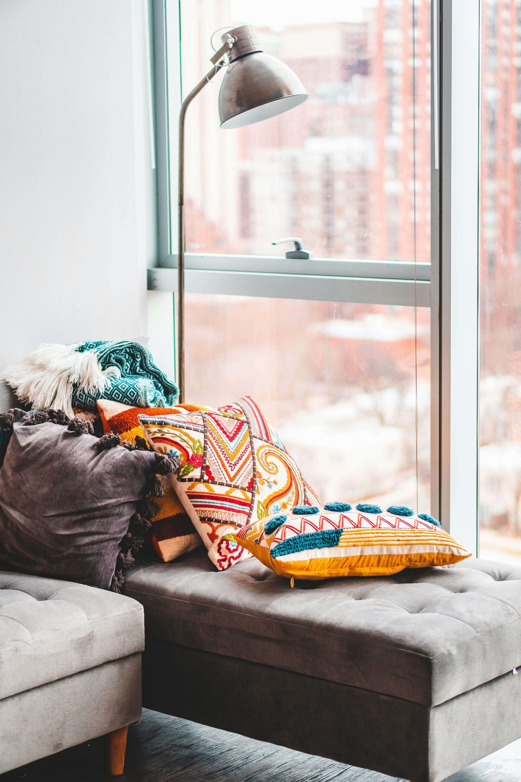 Colourful throw pillows on a couch