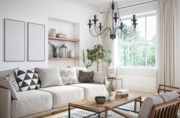 Apartment living room with beige colored furniture and wooden elements