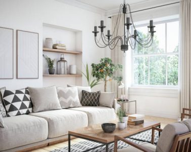 Apartment living room with beige colored furniture and wooden elements