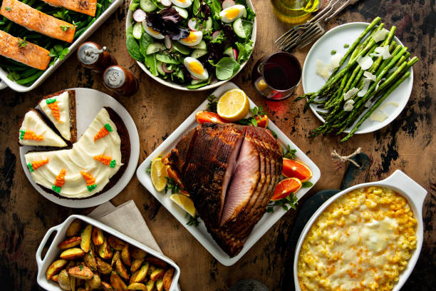 Easter dinner table with Easter food feast