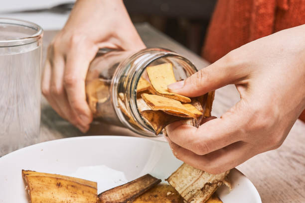 A person making banana peel fertilizer with banana cuts. 