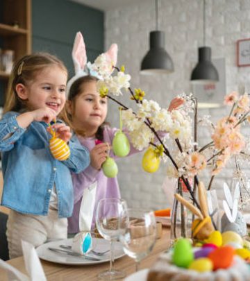 sisters decorating the dining table for an Easter lunch