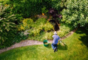 Aerial view of a man maintaining his garden lawn.