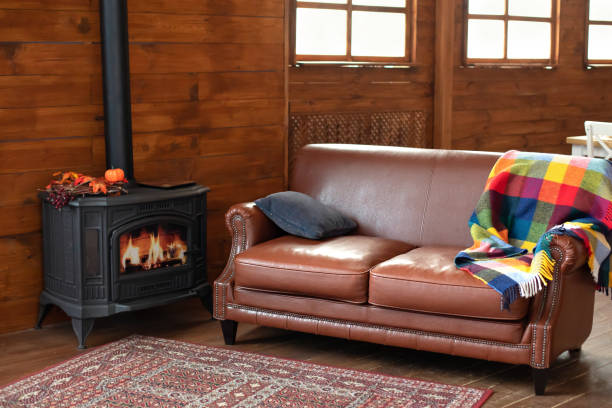 Interior cozy living room with wood finishes 