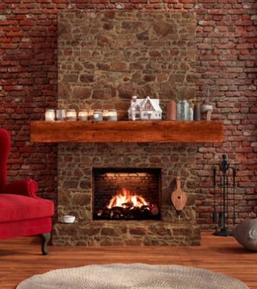 Chalet Interior With Fireplace and red chair