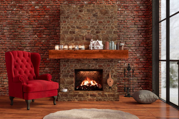 Chalet Interior With Fireplace and red chair