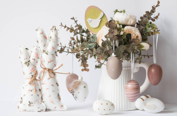  Easter holiday Bouquet of flowers, white rabbits and Easter eggs