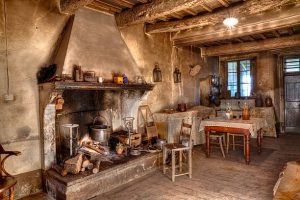 Vintage cottage interior with fire place