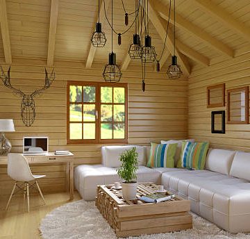 Cottage interior with high ceiling and white minimalistic paint