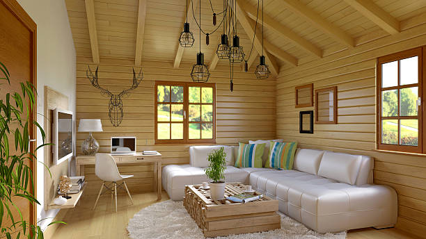 Cottage interior with high ceiling and white minimalistic paint