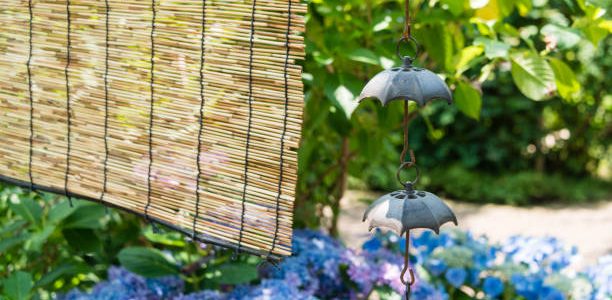 Rain chains and bamboo blind hanging before a Japanese garden