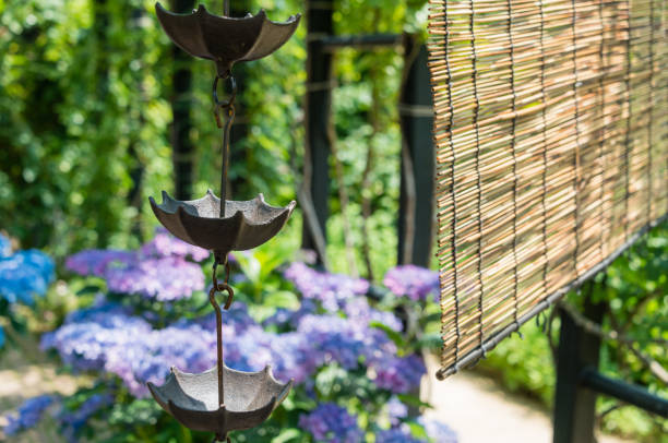 Umbrella themed Rain chains in a Japanese garden 