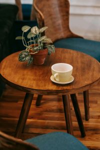 Small wood tables and stools
