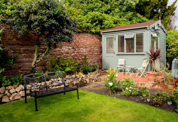Cottage-style shed in a residential garden